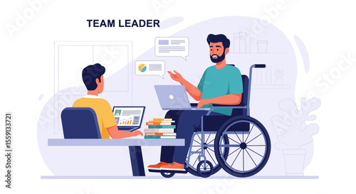 A team leader in a wheelchair discusses work with a colleague using laptops and data.
