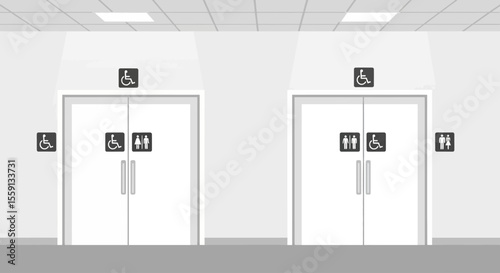 Two sets of restroom doors with accessibility symbols in a building.