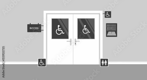 White double doors with wheelchair accessibility symbols and an "Access" sign on a gray wall.