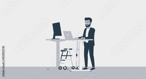 Man in suit working at a standing desk with a laptop and monitor, assisted by a walker.