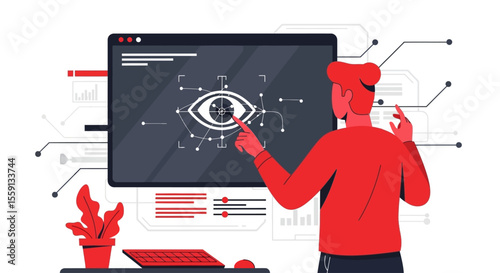 A man in red interacts with a computer screen displaying an eye icon, suggesting surveillance or technology.