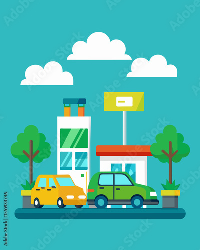 A car dealership offers incentives for customers to purchase more fuelefficient vehicles in accordance with government regulations on reducing greenhouse gas emissions.. Vector illustration
