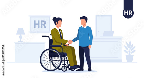 Man in a wheelchair shaking hands with a standing man in an office setting.