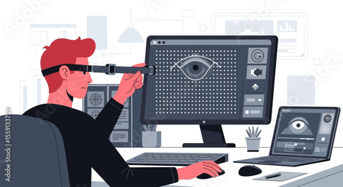 Man uses a telescope to observe an eye on a computer screen.