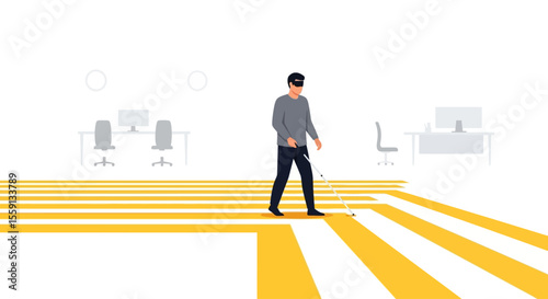 A person wearing a VR headset navigates a yellow striped path in an office setting.