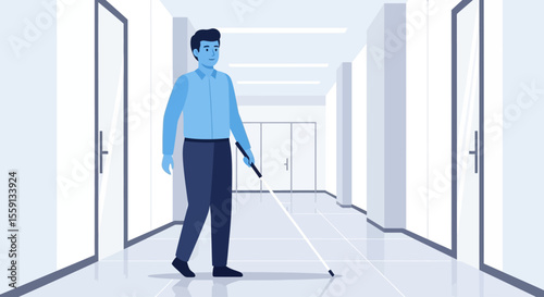 Illustration of a man with a white cane walking down a hallway.
