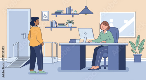 A person with dark skin greets a woman at a desk in an office setting.
