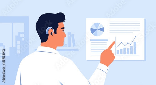 A man with a hearing aid points at a business chart, analyzing data.
