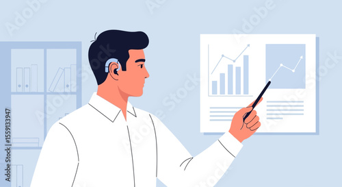 A man with hearing aid gestures towards a financial chart during a presentation.