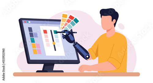 A person with a prosthetic arm designing on a computer screen, selecting colors.