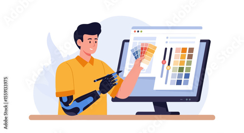 A designer with a prosthetic arm working on a computer, choosing colors.
