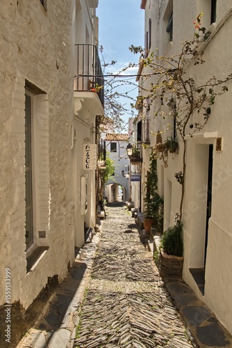 Empty narrow streets of Cadaqués, Spain, with white houses and clear blue sky. The peaceful historic town center is beautifully captured without any people, highlighting its charm and tranquility.