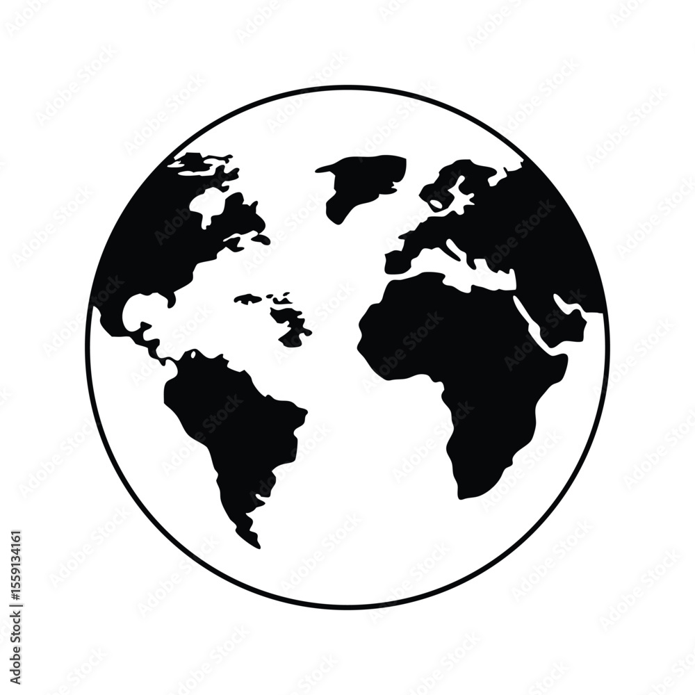Globe vector illustration of the world map with continents, a symbol of global travel and business across the earth silhouette icon vector on white background Globe vector illustration of the world map with continents, a symbol of global travel and business across the earth silhouette icon vector on white background