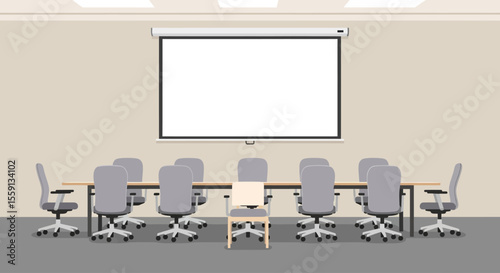Empty conference room prepared for a presentation, featuring a long table, chairs, and a projector screen.