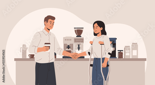 Business colleagues shake hands in a coffee shop; one uses crutches.