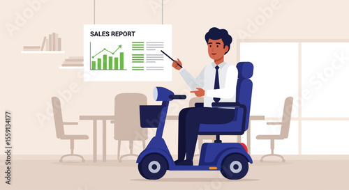 Businessman in mobility scooter presents sales report data.