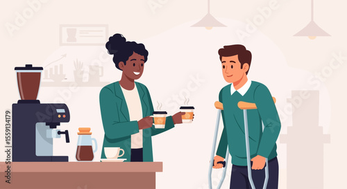 A barista serving coffee to a man with crutches inside a cafe setting.