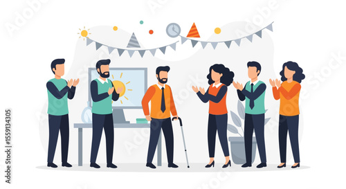 A group of colleagues celebrating a colleague's achievement in a festive office setting.