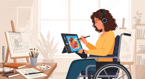 A young woman in a wheelchair, using a digital tablet and stylus to paint, surrounded by art supplies in a bright studio.