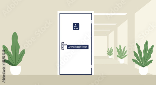 Accessible restroom door in a modern building interior, featuring a sign indicating automatic opening.