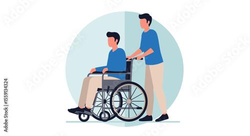 Two men, one in a wheelchair, with the other assisting, in a simple, stylized illustration.