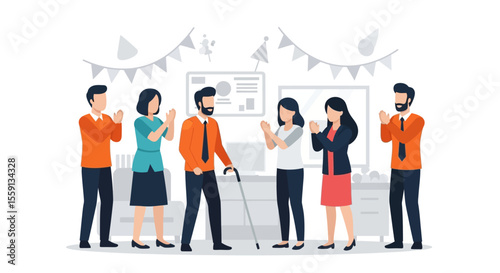 Colleagues celebrate a visually impaired coworker's achievement in a festive office setting.