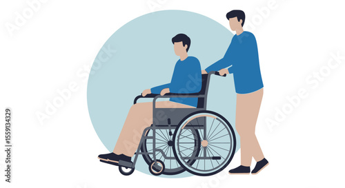 A young man assists another in a wheelchair, showcasing support and companionship.
