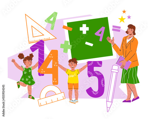 Back to school poster with children and teacher, cartoon vector illustration isolated on white background. Banner or poster template for school.