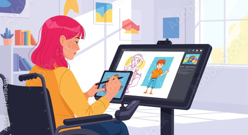 Woman in wheelchair uses digital drawing tablet and pen to create cartoon illustrations on a large computer monitor.