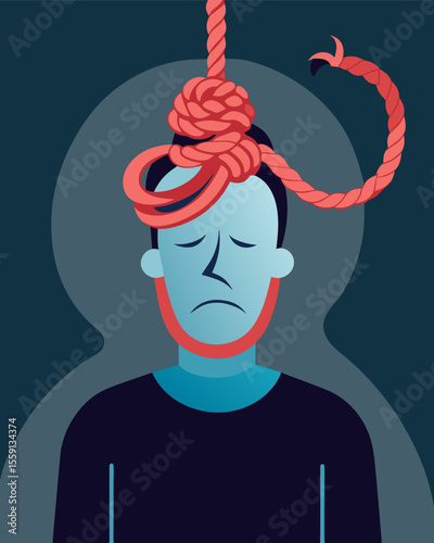 Knots of stress form a noose around the persons head making it hard to breathe.. Vector illustration