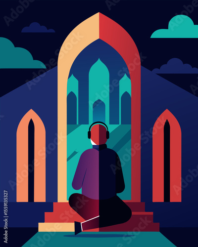 Sitting alone in a cathedral a person listens as their own thoughts are amplified by the reverberating acoustics a chorus of inner doubts filling the sacred space.. Vector illustration