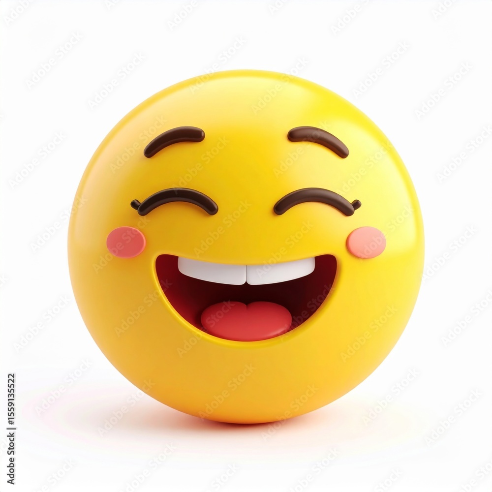 Fototapeta premium Happy Yellow Emoji with Wide Smile and Blushed Cheeks on White Background