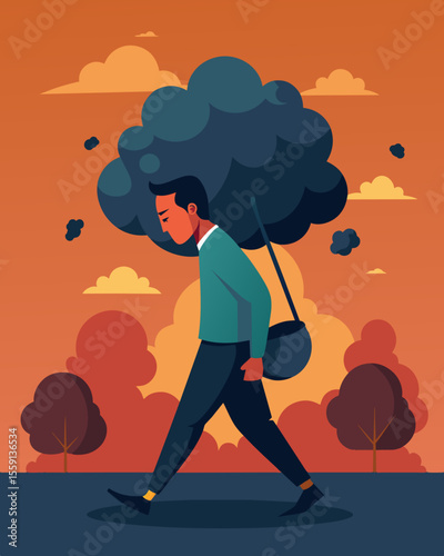 Every step he took felt heavy and burdened as if the weight of his dark thoughts were pulling him down.. Vector illustration