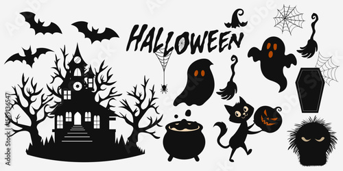 Halloween vector clipart set with haunted house, ghosts, bats, cat and spooky elements