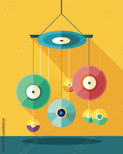 A mobile made from old CDs catches the sunlight in a childs bedroom creating a mesmerizing display of colors and reflections.. Vector illustration