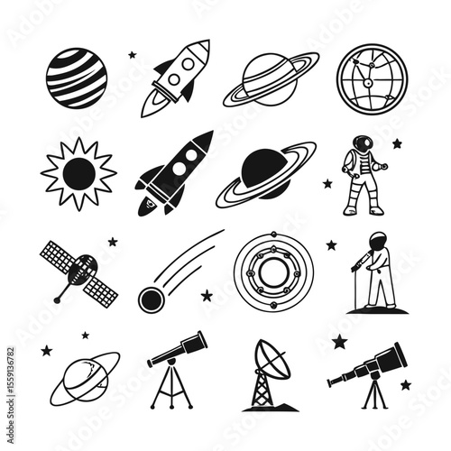 Astronomy and Outer Space Vector Icon Set | Black Silhouette Line Icons | Editable Stroke | Planets, Rockets, Solar System, Astronaut, Telescope, Galaxy, Satellite, and Space Exploration Icons