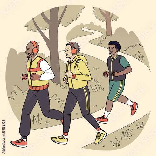 Diverse men jogging together in park running outdoors