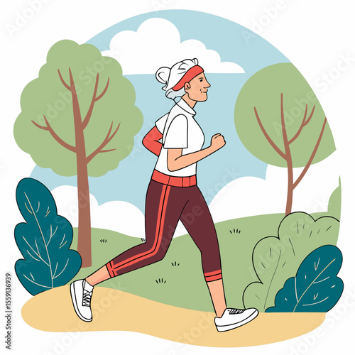 Elderly woman jogging outdoors wearing headband and athletic wear running park