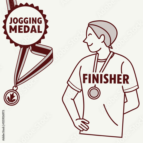 Joyful runner receives medal and finisher shirt ribbon