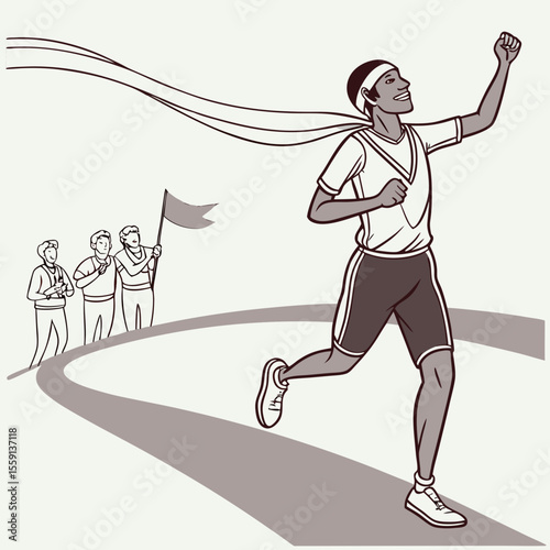 Triumphant runner crossing finish line with cheering crowd sprinting victory