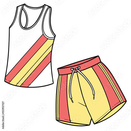 White tank top with coral and yellow stripes and matching shorts with drawstring athletic wear