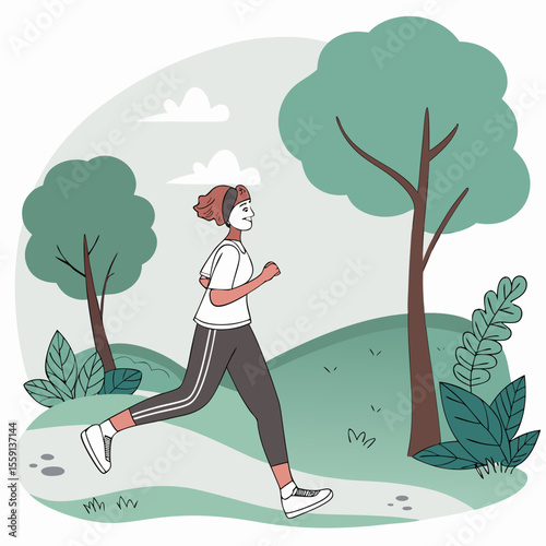 Woman jogging in a park with trees and foliage running