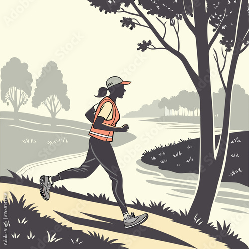 Woman jogging by water with trees running river