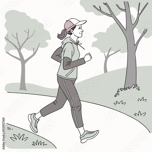 Woman jogging outdoors in park wearing athletic clothing and baseball cap running