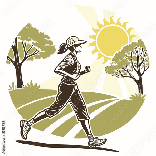 Woman jogging outdoors under bright sun with trees and fields running