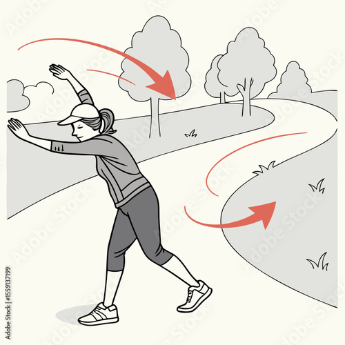 Woman performing arm circles outdoors on a path athletic wear ponytail