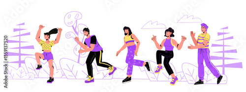Group of marathon runners, people running in the park, flat vector illustration isolated on white. Running and jogging male and female characters, vector illustration isolated on white background.