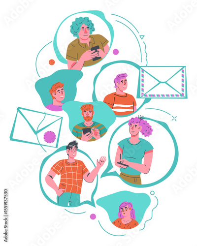 People communicate and send messages, email in online messenger. Banner design for social media messenger, video call or online chat, vector illustration isolated on white background.