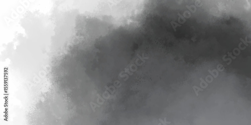Cloud-Like Smoke Abstract powder or smoke isolated on black background with Gentle Grayscale Gradient. Worn and faded grunge-style black and gray watercolor wash with subtle cloudy details. 