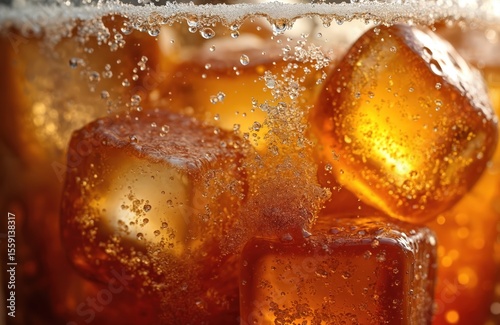 Close-up refreshing drink with ice cubes. Fizzy carbonated beverage, water bubbles and condensation. Refreshing cold drink. Popular alcohol-free refreshment for a summer day.